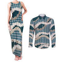 Dark Cyan Hawaii Tiare and Shell Lei Couples Matching Tank Maxi Dress and Long Sleeve Button Shirt Hawaiian Palaka Luxury Vibes LT14 Dark Cyan - Polynesian Pride