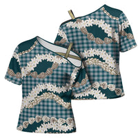 Dark Cyan Hawaii Tiare and Shell Lei Cross Shoulder Shirt Hawaiian Palaka Luxury Vibes - Polynesian Pride