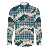 Dark Cyan Hawaii Tiare and Shell Lei Family Matching Long Sleeve Bodycon Dress and Hawaiian Shirt Hawaiian Palaka Luxury Vibes LT14 Dad's Shirt - Long Sleeve Dark Cyan - Polynesian Pride