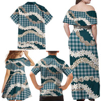 Dark Cyan Hawaii Tiare and Shell Lei Family Matching Off Shoulder Maxi Dress and Hawaiian Shirt Hawaiian Palaka Luxury Vibes LT14 - Polynesian Pride