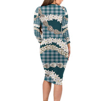 Dark Cyan Hawaii Tiare and Shell Lei Long Sleeve Bodycon Dress Hawaiian Palaka Luxury Vibes LT14 - Polynesian Pride