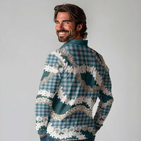 Dark Cyan Hawaii Tiare and Shell Lei Long Sleeve Polo Shirt Hawaiian Palaka Luxury Vibes LT14 - Polynesian Pride