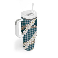 Dark Cyan Hawaii Tiare and Shell Lei Tumbler With Handle Hawaiian Palaka Luxury Vibes - Polynesian Pride