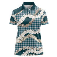 Dark Cyan Hawaii Tiare and Shell Lei Women Polo Shirt Hawaiian Palaka Luxury Vibes LT14 Female Dark Cyan - Polynesian Pride