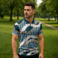 Dark Cyan Hawaii Tiare and Shell Lei Zipper Polo Shirt Hawaiian Palaka Luxury Vibes LT14 - Polynesian Pride