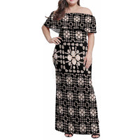 Aloha Hawaii Shell Quilt Family Matching Off Shoulder Maxi Dress and Hawaiian Shirt Seamless Style LT14 Mom's Dress Black - Polynesian Pride