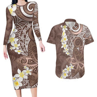 Mocha Mousse Polynesian Tribal Frangipani Tropical Vibe Couples Matching Long Sleeve Bodycon Dress and Hawaiian Shirt LT14 Mocha Mousse - Polynesian Pride