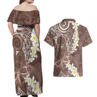 Mocha Mousse Polynesian Tribal Frangipani Tropical Vibe Couples Matching Off Shoulder Maxi Dress and Hawaiian Shirt LT14 - Polynesian Pride