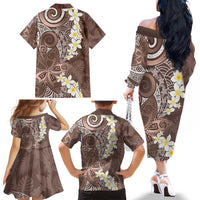 Mocha Mousse Polynesian Tribal Frangipani Tropical Vibe Family Matching Off The Shoulder Long Sleeve Dress and Hawaiian Shirt LT14 - Polynesian Pride
