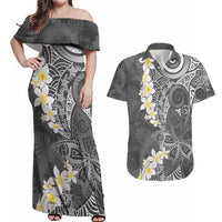 Gray Polynesian Tribal Frangipani Tropical Vibe Couples Matching Off Shoulder Maxi Dress and Hawaiian Shirt LT14 Gray - Polynesian Pride