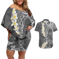 Gray Polynesian Tribal Frangipani Tropical Vibe Couples Matching Off Shoulder Short Dress and Hawaiian Shirt LT14 Gray - Polynesian Pride