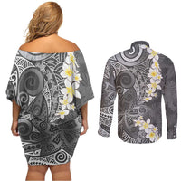 Gray Polynesian Tribal Frangipani Tropical Vibe Couples Matching Off Shoulder Short Dress and Long Sleeve Button Shirt LT14 - Polynesian Pride
