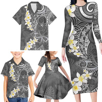 Gray Polynesian Tribal Frangipani Tropical Vibe Family Matching Long Sleeve Bodycon Dress and Hawaiian Shirt LT14 - Polynesian Pride
