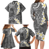 Gray Polynesian Tribal Frangipani Tropical Vibe Family Matching Long Sleeve Bodycon Dress and Hawaiian Shirt LT14 - Polynesian Pride