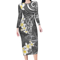 Gray Polynesian Tribal Frangipani Tropical Vibe Family Matching Long Sleeve Bodycon Dress and Hawaiian Shirt LT14 Mom's Dress Gray - Polynesian Pride