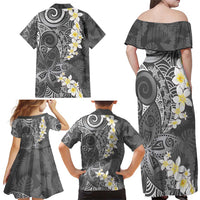 Gray Polynesian Tribal Frangipani Tropical Vibe Family Matching Off Shoulder Maxi Dress and Hawaiian Shirt LT14 - Polynesian Pride