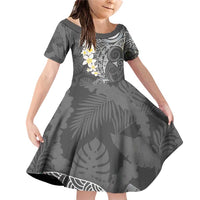 Gray Polynesian Tribal Frangipani Tropical Vibe Family Matching Off Shoulder Short Dress and Hawaiian Shirt LT14 Daughter's Dress Gray - Polynesian Pride