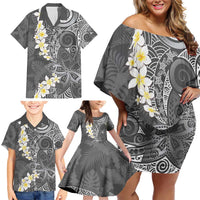 Gray Polynesian Tribal Frangipani Tropical Vibe Family Matching Off Shoulder Short Dress and Hawaiian Shirt LT14 - Polynesian Pride