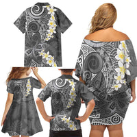 Gray Polynesian Tribal Frangipani Tropical Vibe Family Matching Off Shoulder Short Dress and Hawaiian Shirt LT14 - Polynesian Pride