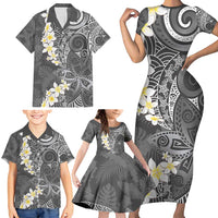Gray Polynesian Tribal Frangipani Tropical Vibe Family Matching Short Sleeve Bodycon Dress and Hawaiian Shirt LT14 - Polynesian Pride