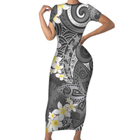 Gray Polynesian Tribal Frangipani Tropical Vibe Family Matching Short Sleeve Bodycon Dress and Hawaiian Shirt LT14 Mom's Dress Gray - Polynesian Pride