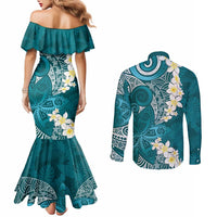 Cyan Polynesian Tribal Frangipani Tropical Vibe Couples Matching Mermaid Dress and Long Sleeve Button Shirt LT14 - Polynesian Pride