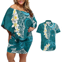 Cyan Polynesian Tribal Frangipani Tropical Vibe Couples Matching Off Shoulder Short Dress and Hawaiian Shirt LT14 Cyan - Polynesian Pride