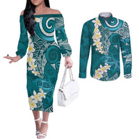 Cyan Polynesian Tribal Frangipani Tropical Vibe Couples Matching Off The Shoulder Long Sleeve Dress and Long Sleeve Button Shirt LT14 Cyan - Polynesian Pride