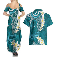 Cyan Polynesian Tribal Frangipani Tropical Vibe Couples Matching Summer Maxi Dress and Hawaiian Shirt LT14 - Polynesian Pride
