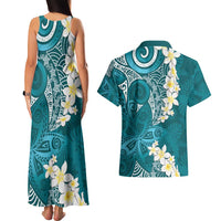 Cyan Polynesian Tribal Frangipani Tropical Vibe Couples Matching Tank Maxi Dress and Hawaiian Shirt LT14 - Polynesian Pride
