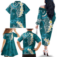 Cyan Polynesian Tribal Frangipani Tropical Vibe Family Matching Off The Shoulder Long Sleeve Dress and Hawaiian Shirt LT14 - Polynesian Pride