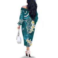 Cyan Polynesian Tribal Frangipani Tropical Vibe Family Matching Off The Shoulder Long Sleeve Dress and Hawaiian Shirt LT14 - Polynesian Pride