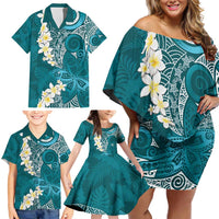 Cyan Polynesian Tribal Frangipani Tropical Vibe Family Matching Off Shoulder Short Dress and Hawaiian Shirt LT14 - Polynesian Pride