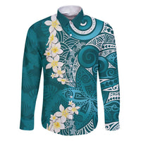 Cyan Polynesian Tribal Frangipani Tropical Vibe Family Matching Puletasi and Hawaiian Shirt LT14 Dad's Shirt - Long Sleeve Cyan - Polynesian Pride
