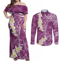 Pink Polynesian Tribal Frangipani Tropical Vibe Couples Matching Off Shoulder Maxi Dress and Long Sleeve Button Shirt LT14 Pink - Polynesian Pride