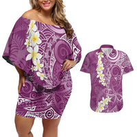 Pink Polynesian Tribal Frangipani Tropical Vibe Couples Matching Off Shoulder Short Dress and Hawaiian Shirt LT14 Pink - Polynesian Pride