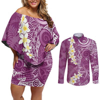 Pink Polynesian Tribal Frangipani Tropical Vibe Couples Matching Off Shoulder Short Dress and Long Sleeve Button Shirt LT14 Pink - Polynesian Pride