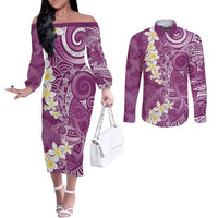 Pink Polynesian Tribal Frangipani Tropical Vibe Couples Matching Off The Shoulder Long Sleeve Dress and Long Sleeve Button Shirt LT14 Pink - Polynesian Pride