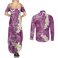 Pink Polynesian Tribal Frangipani Tropical Vibe Couples Matching Summer Maxi Dress and Long Sleeve Button Shirt LT14 - Polynesian Pride