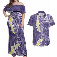 Violet Polynesian Tribal Frangipani Tropical Vibe Couples Matching Off Shoulder Maxi Dress and Hawaiian Shirt LT14 Violet - Polynesian Pride