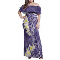 Violet Polynesian Tribal Frangipani Tropical Vibe Family Matching Off Shoulder Maxi Dress and Hawaiian Shirt LT14 Mom's Dress Violet - Polynesian Pride
