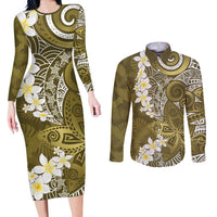 Gold Polynesian Tribal Frangipani Tropical Vibe Couples Matching Long Sleeve Bodycon Dress and Long Sleeve Button Shirt LT14 Gold - Polynesian Pride