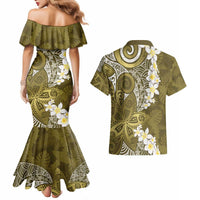 Gold Polynesian Tribal Frangipani Tropical Vibe Couples Matching Mermaid Dress and Hawaiian Shirt LT14 - Polynesian Pride