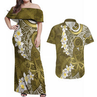 Gold Polynesian Tribal Frangipani Tropical Vibe Couples Matching Off Shoulder Maxi Dress and Hawaiian Shirt LT14 Gold - Polynesian Pride