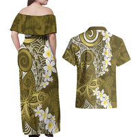 Gold Polynesian Tribal Frangipani Tropical Vibe Couples Matching Off Shoulder Maxi Dress and Hawaiian Shirt LT14 - Polynesian Pride