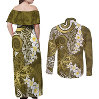 Gold Polynesian Tribal Frangipani Tropical Vibe Couples Matching Off Shoulder Maxi Dress and Long Sleeve Button Shirt LT14 - Polynesian Pride