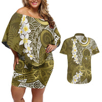 Gold Polynesian Tribal Frangipani Tropical Vibe Couples Matching Off Shoulder Short Dress and Hawaiian Shirt LT14 Gold - Polynesian Pride