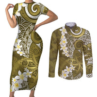 Gold Polynesian Tribal Frangipani Tropical Vibe Couples Matching Short Sleeve Bodycon Dress and Long Sleeve Button Shirt LT14 Gold - Polynesian Pride