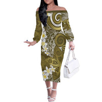 Gold Polynesian Tribal Frangipani Tropical Vibe Family Matching Off The Shoulder Long Sleeve Dress and Hawaiian Shirt LT14 Mom's Dress Gold - Polynesian Pride