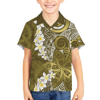 Gold Polynesian Tribal Frangipani Tropical Vibe Family Matching Off The Shoulder Long Sleeve Dress and Hawaiian Shirt LT14 Son's Shirt Gold - Polynesian Pride